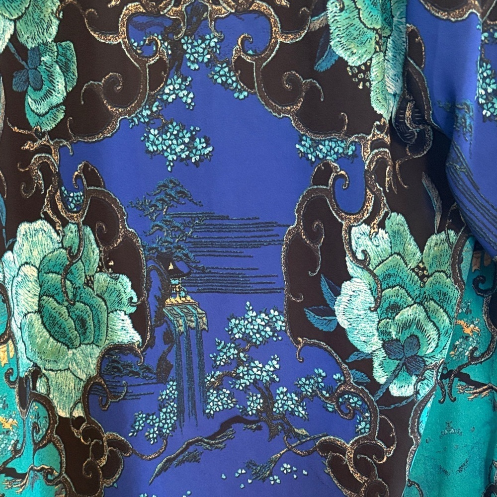 Festival ready Chico's Teal and Black Patterned Kimono with Fringe - Picture 5 of 5